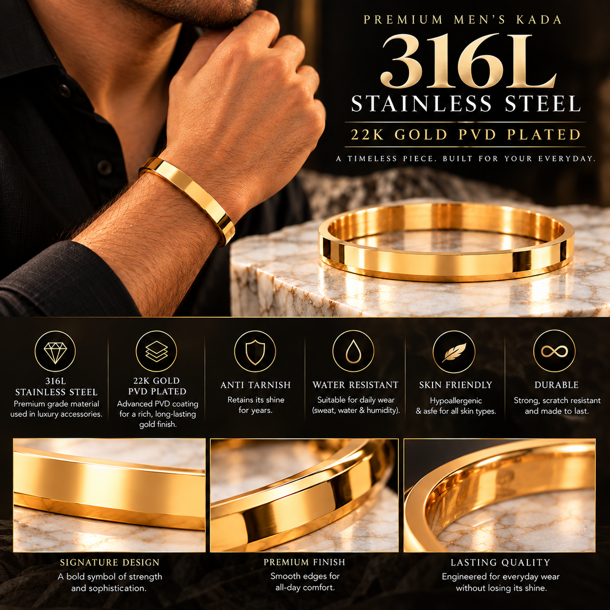 Damru Spiritual 316L Gold PVD Kada thumbnail 3